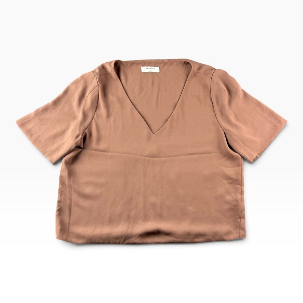 Aritzia Babaton Womens M V Neck Blouse Brown Taupe Short Sleeve Minimalist Top